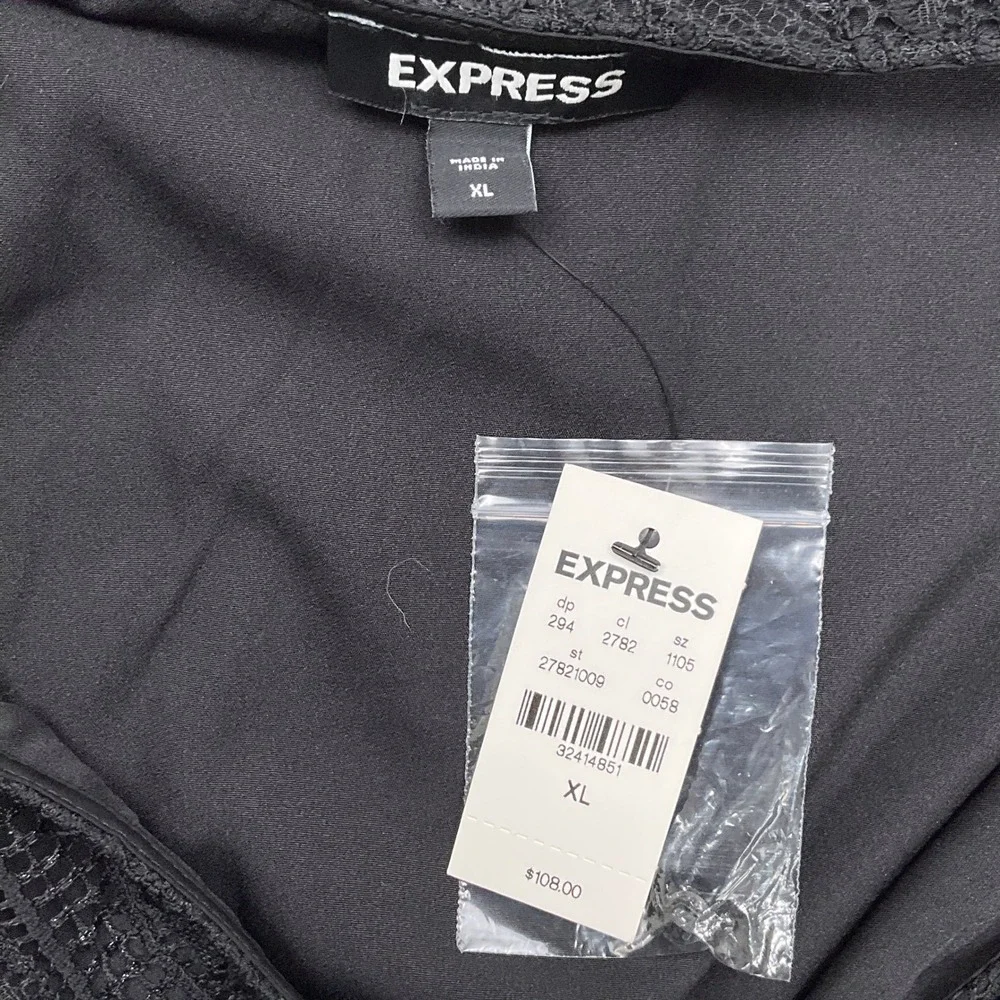 Express Dress Women XL Black Lace Long Sleeve Wrap Tie Sheer Party Elegant - Picture 5 of 13